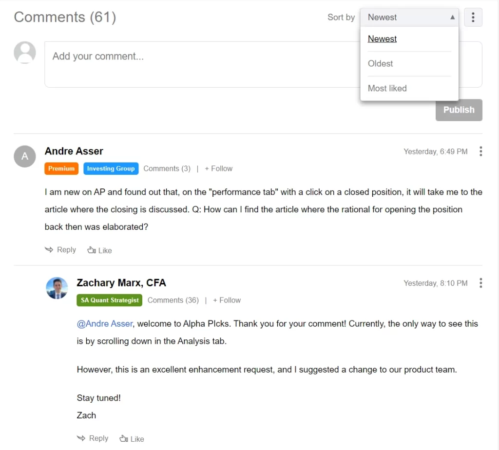 Seeking Alpha 댓글 정렬 순서 변경방법