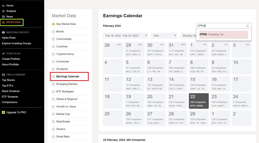 Seeking Alpha Earning Calendar 보는 방법