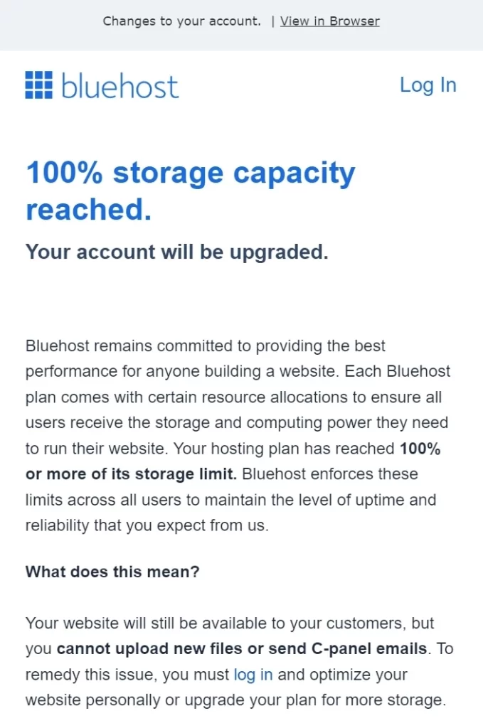 Bluehost 100% Storage Capacity reached 해결방법