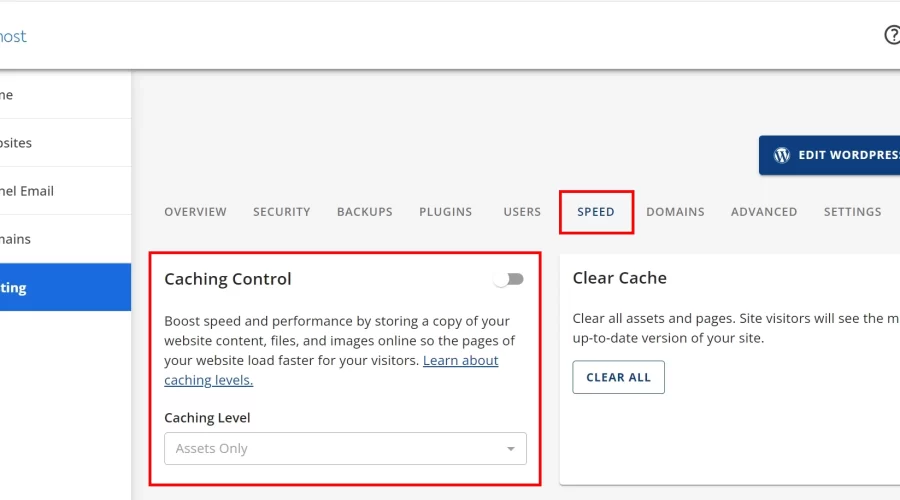 Bluehost Caching Control 설정방법