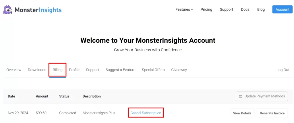 MonsterInsights 자동 결제 취소방법