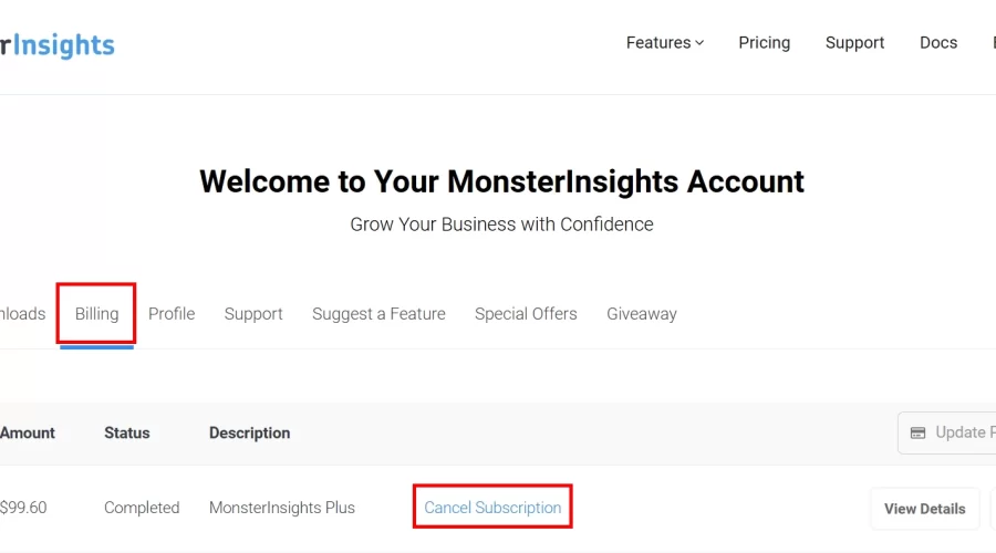 MonsterInsights 자동 결제 취소방법