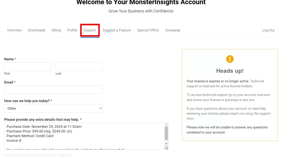 MonsterInsights 환불방법