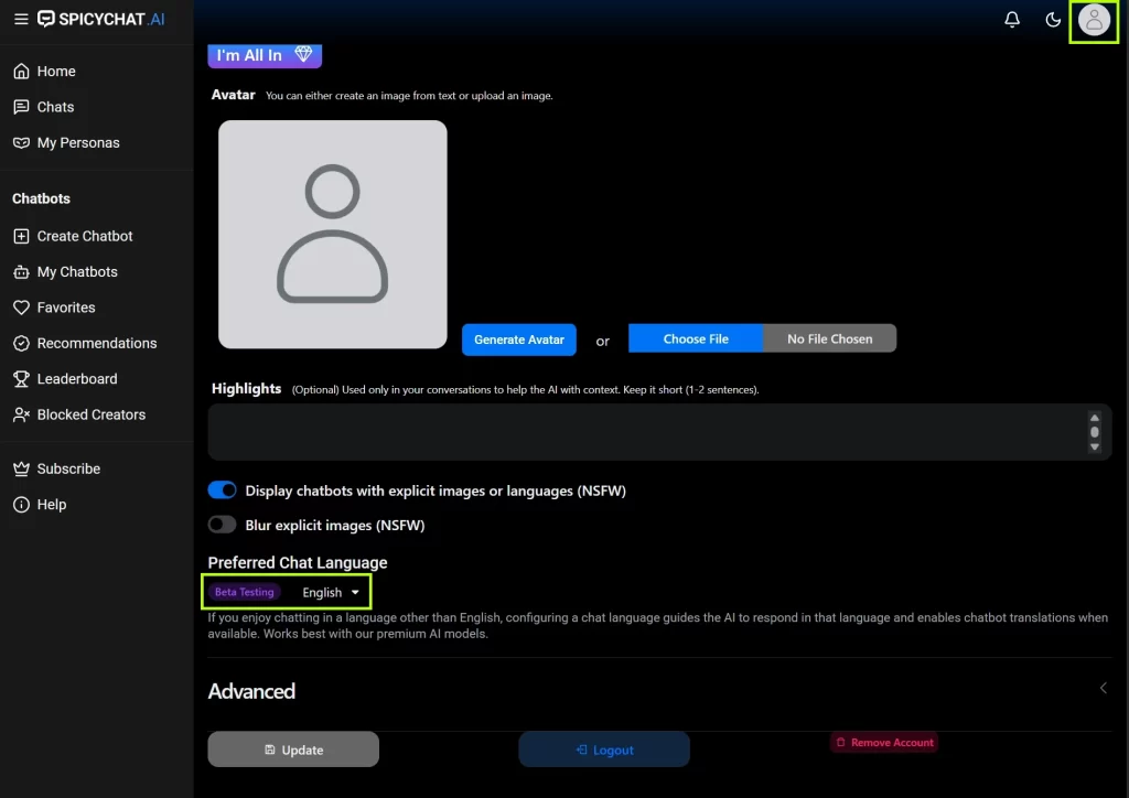 SpicyChat.AI 답변 한글로만 받는 방법